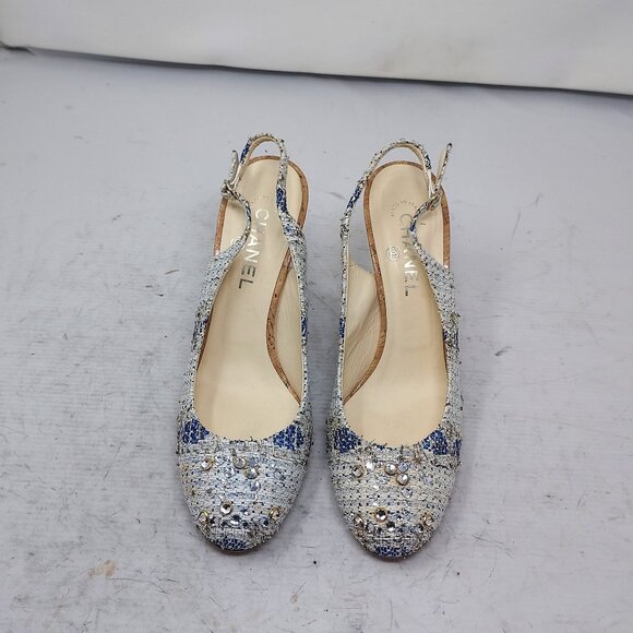 CHANEL Tweed Interlocking CC Logo Blue White Slingback Pump - Picture 6 of 13